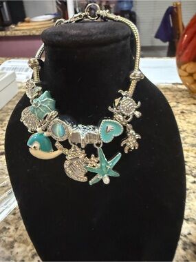 Turquoise Enamel Sea Charm Statement Bracelet